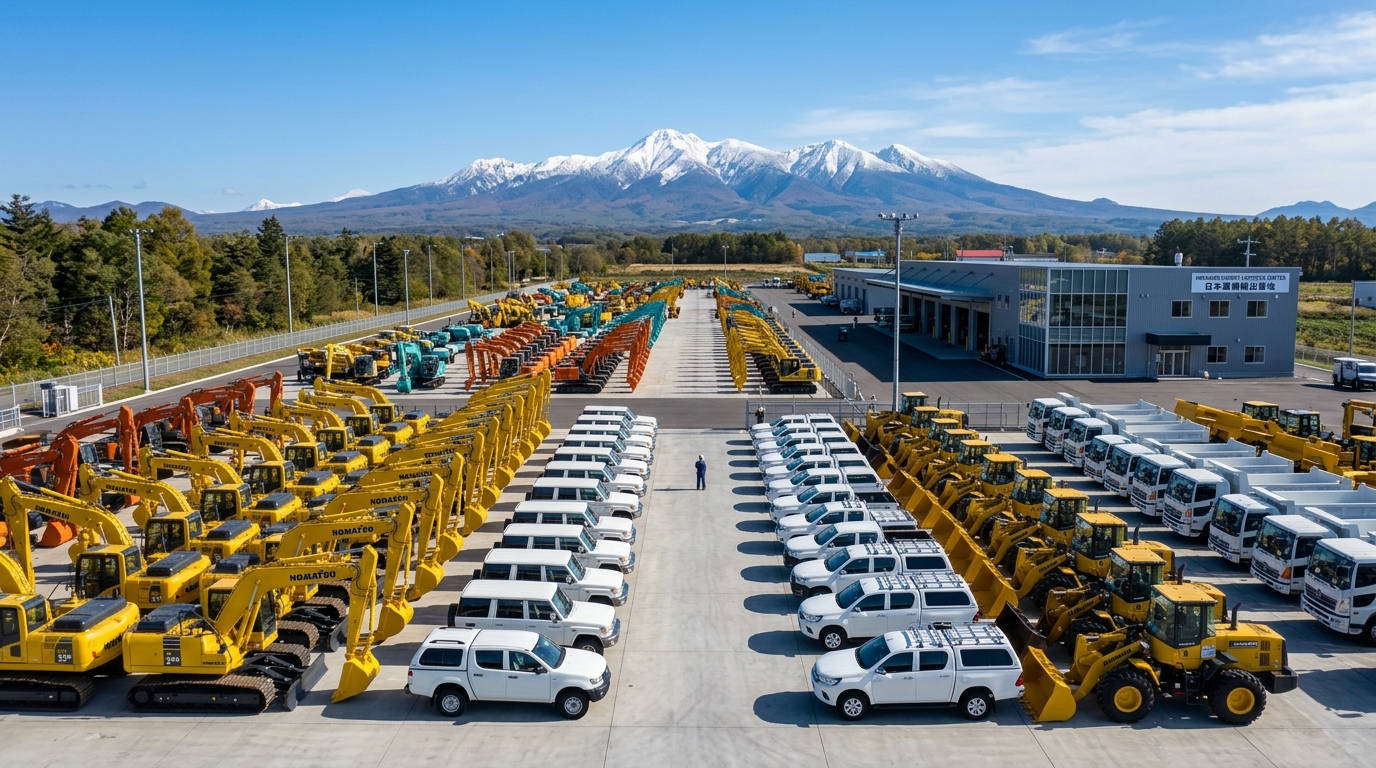 北海道のヤードに整列した日本の中古車と建設機械